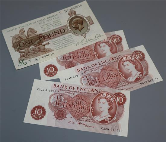 A George V Warren Fisher One Pound note, serial no. 659618 and three J.S. Fforde Ten Shilling notes.